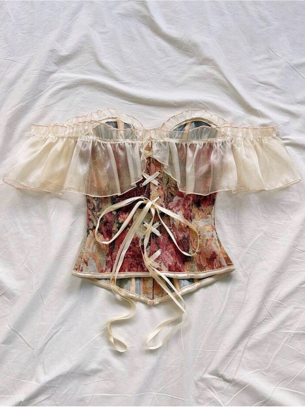 Floral Off-Shoulder Ruffle Corset Top in Ivory and Rose - Picture 2 of 4